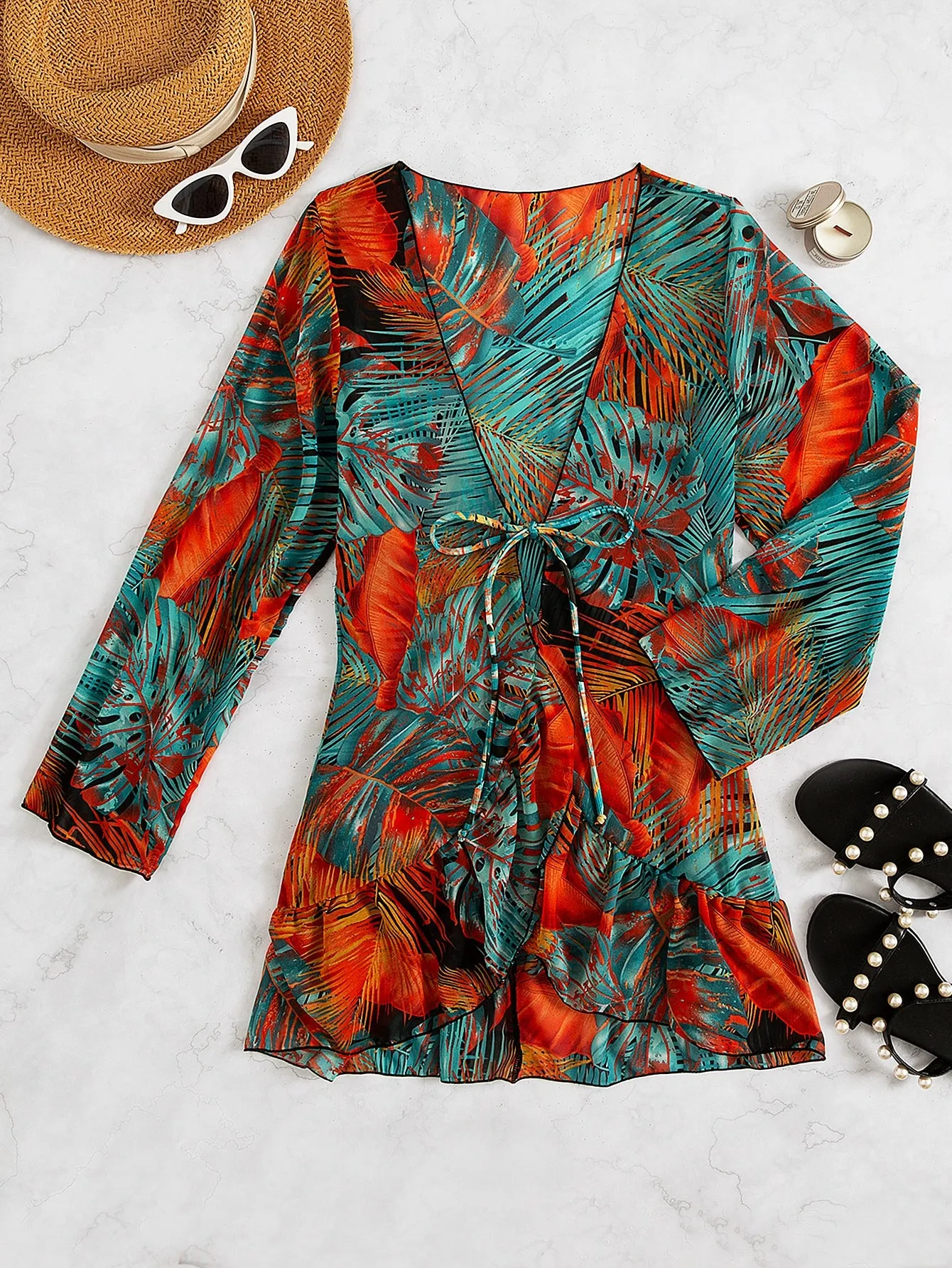 Tropical Ruffle Long Sleeve Regular Women Kimonos