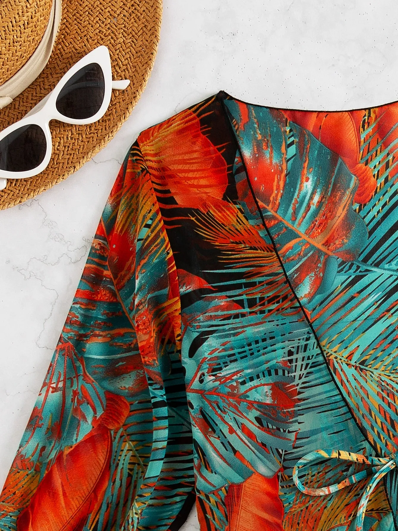 Tropical Ruffle Long Sleeve Regular Women Kimonos
