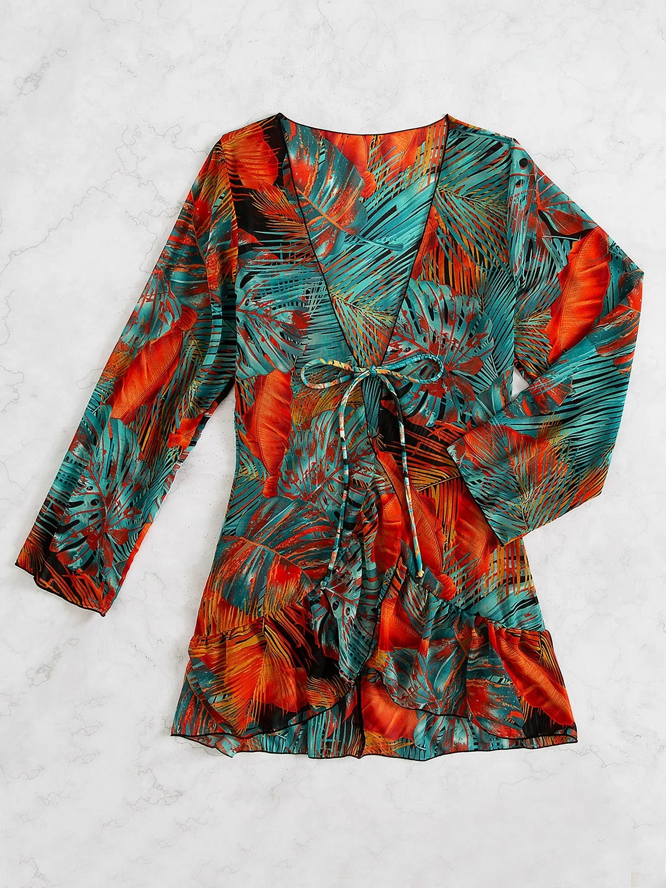 Tropical Ruffle Long Sleeve Regular Women Kimonos