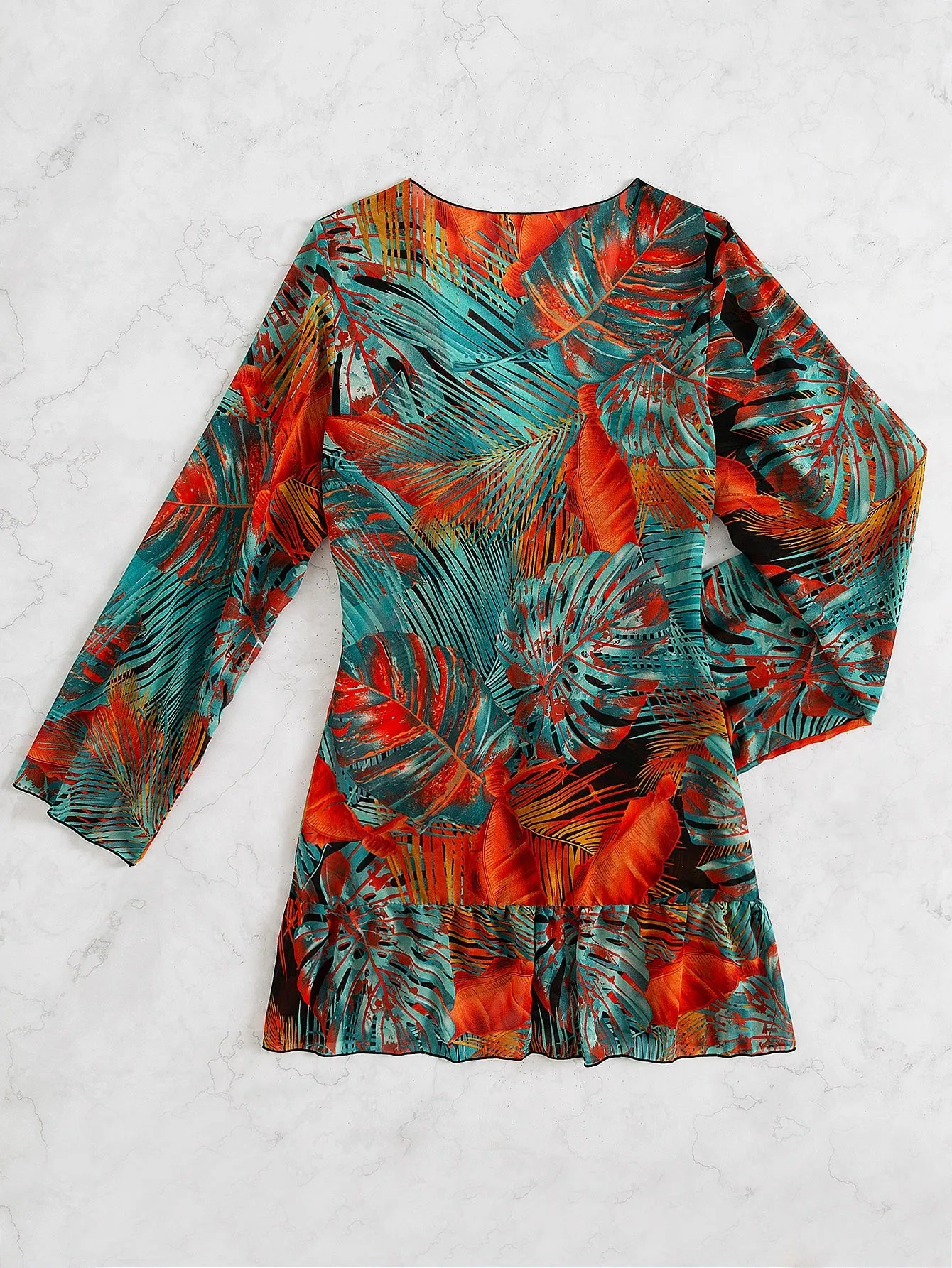 Tropical Ruffle Long Sleeve Regular Women Kimonos
