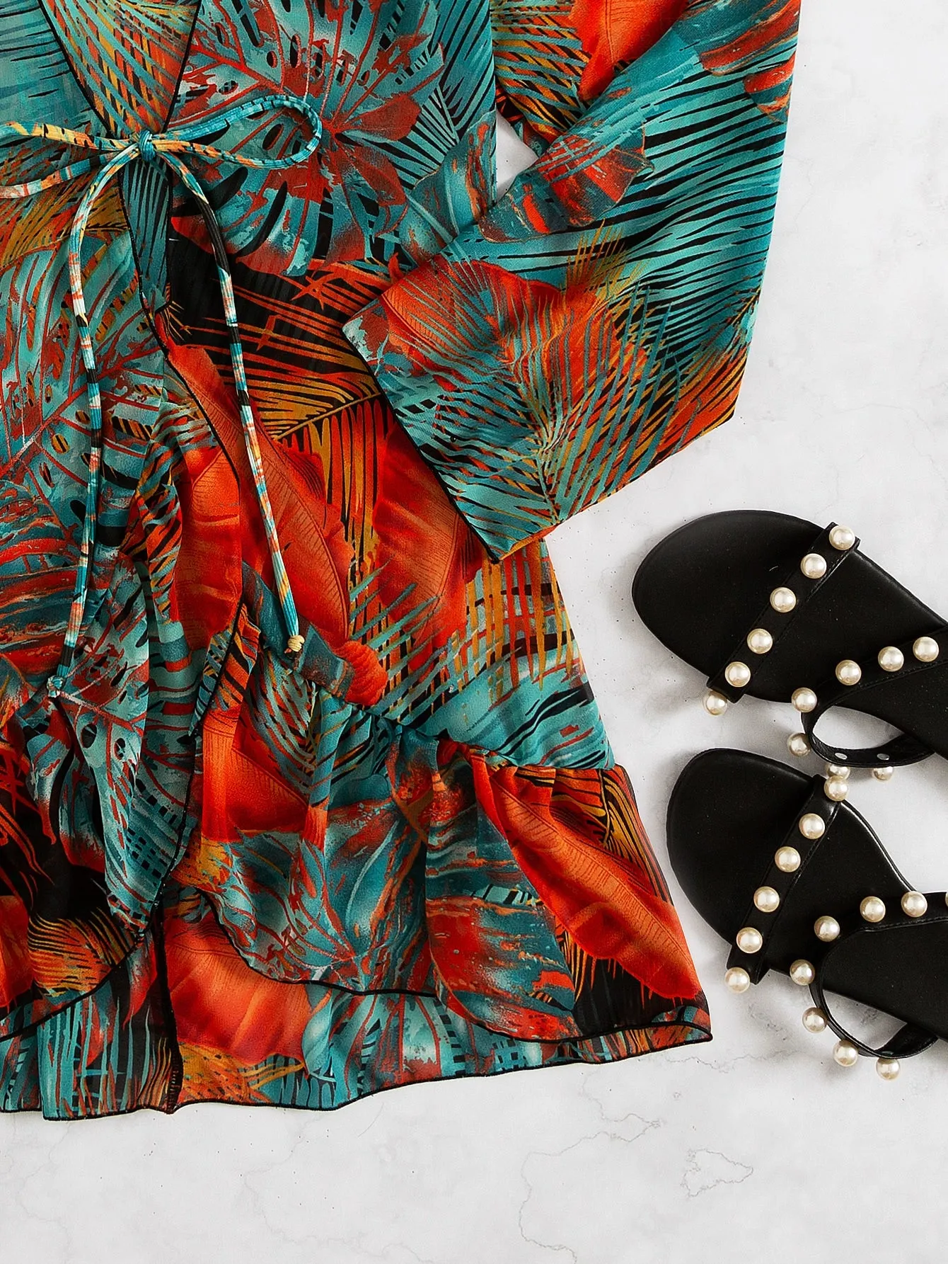 Tropical Ruffle Long Sleeve Regular Women Kimonos