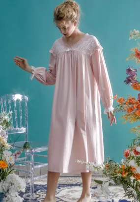 Vintage Cotton Royal Princess Nightgown, Victorian Solid Color Long Sleeve Lace Nightdress