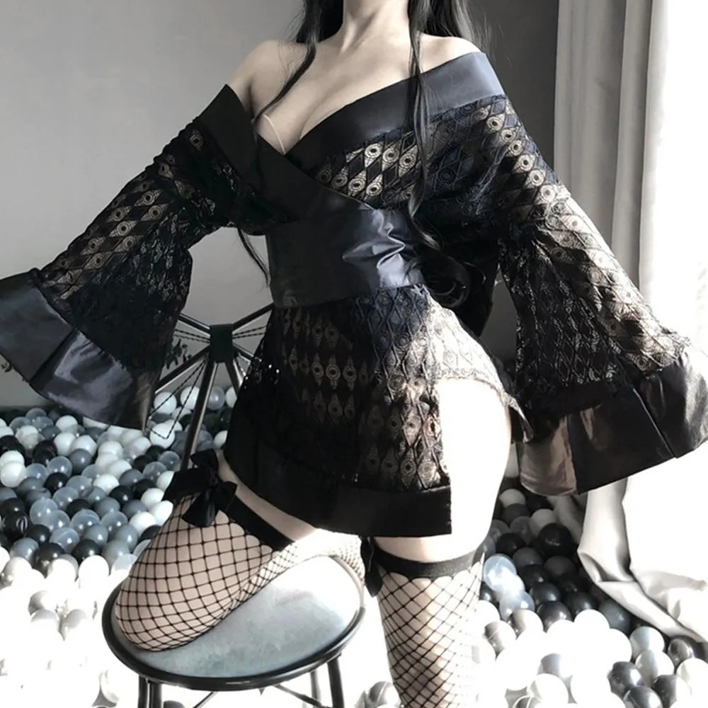 Women's Lace Kimono Robe Babydoll Lingerie Mesh Nightgown