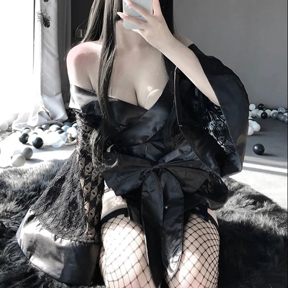 Women's Lace Kimono Robe Babydoll Lingerie Mesh Nightgown