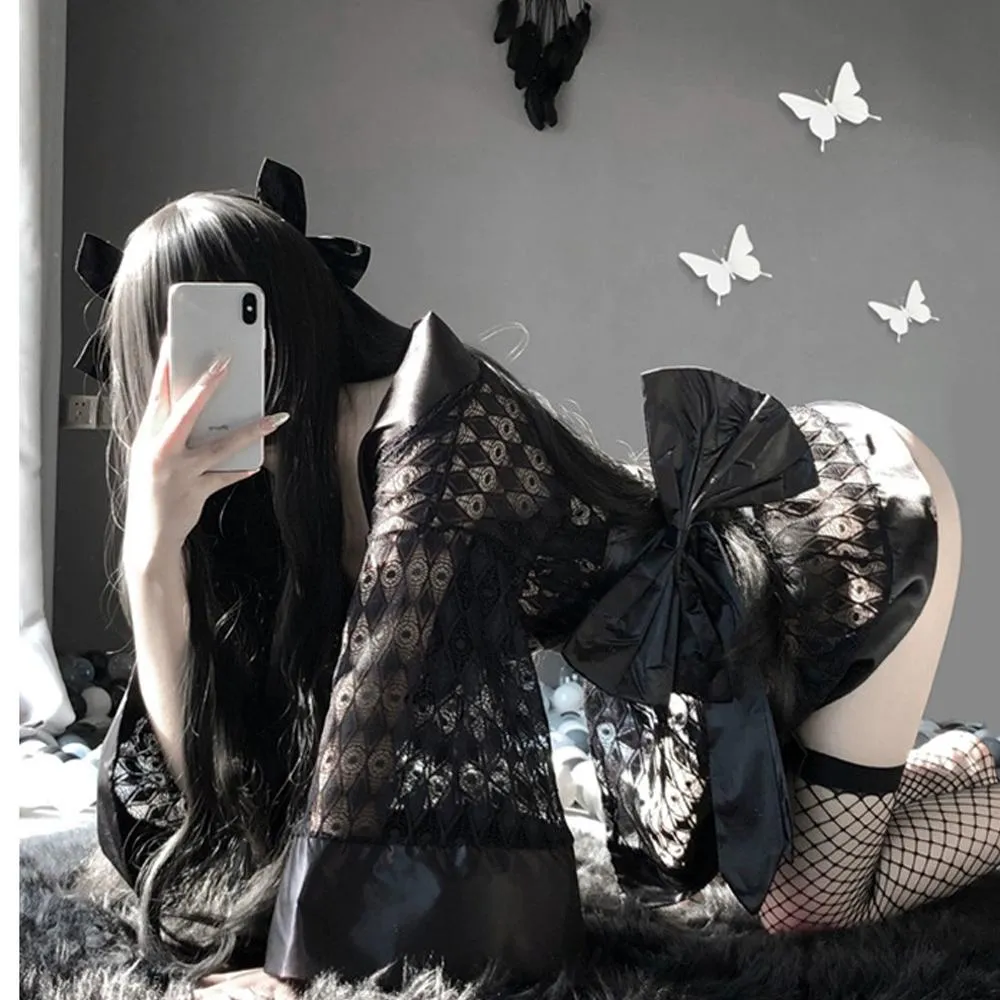 Women's Lace Kimono Robe Babydoll Lingerie Mesh Nightgown