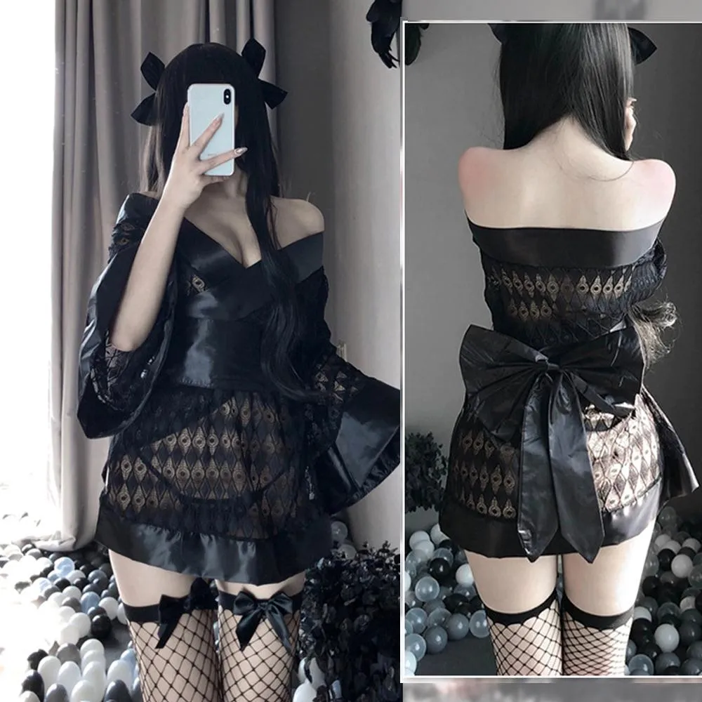 Women's Lace Kimono Robe Babydoll Lingerie Mesh Nightgown