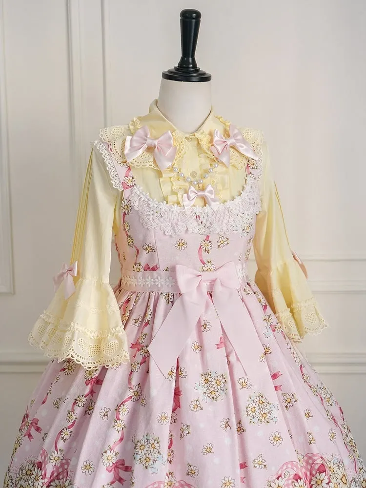 Yellow Round Flat Collar Bell Sleeves Cotton Blouse